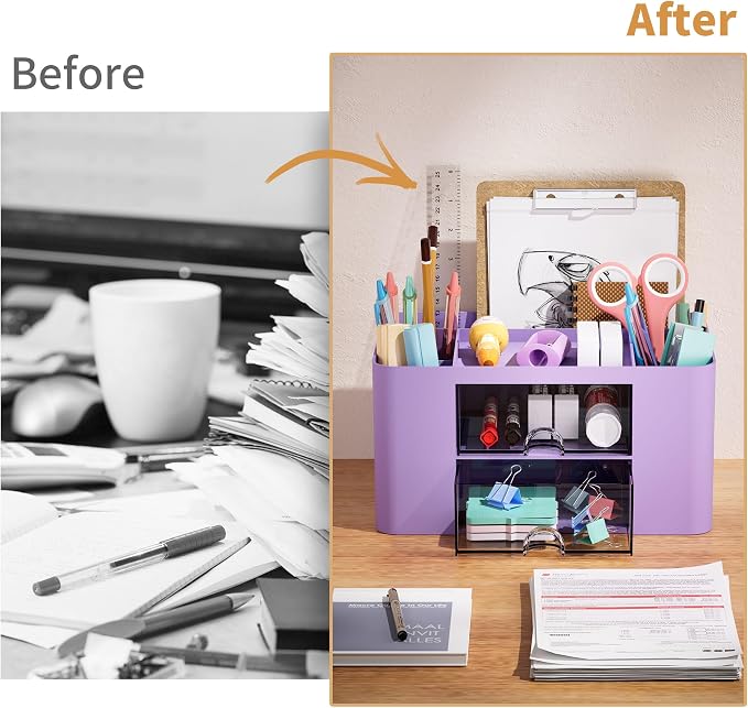 Marbrasse Pen Organizer with 2 Drawer, Multi-Functional Pencil Holder for Desk, Desk Organizers and Accessories with 5 Compartments + Drawer for Office Art Supplies (Purple) - Image 7