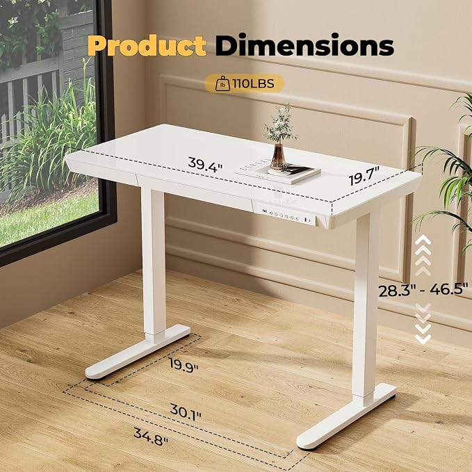 40" Glass Standing Desk with Drawer, Electric Stand up Desk | Height Adjustable Desk with One-Piece Tabletop & USB Charging Ports, Sit Stand Desk with Storage for Home Office, White - Image 9