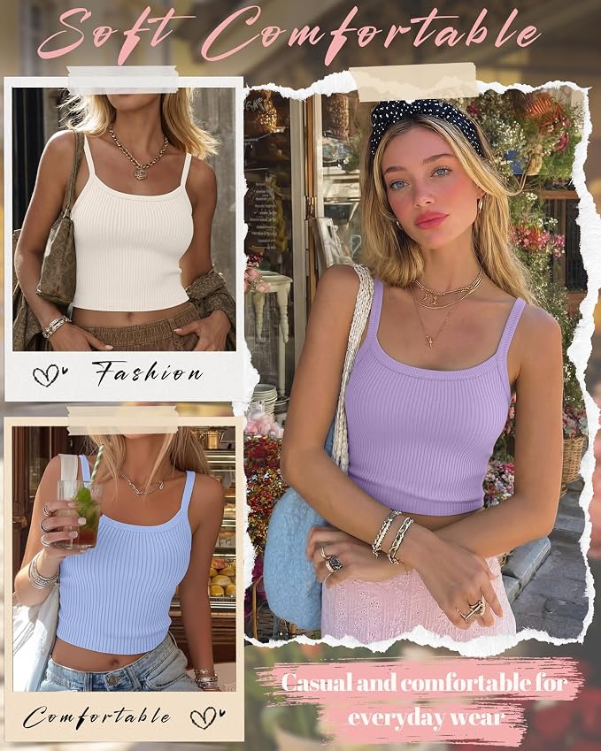 Ficerd 3 Pack Women's Tank Tops 95% Cotton Spaghetti Strap Ribbed Crop Camisole Slim Fitted Basic Summer Sleeveless Layer - Image 5