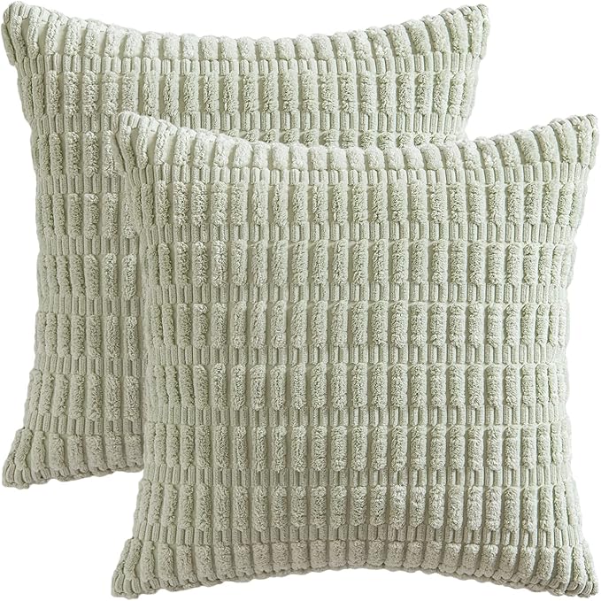 MIULEE Pack of 2 Spring Corduroy Decorative Throw Pillow Covers 20x20 Inch Soft Boho Striped Pillow Covers Modern Farmhouse Home Decor for Summer Sofa Living Room Couch Bed Light Green - Image 6