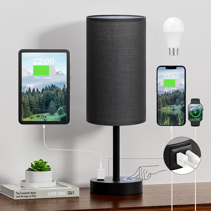 Fenmzee Touch Nightstand Lamp - Black, 3-Way Dimmable, USB A + C Charging, AC Outlet, 17.4inch Medium - Image 8