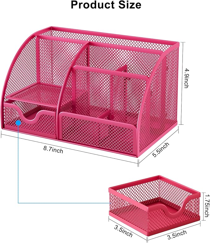 EasyPAG Mesh Desk Organizer with Drawer Multi-functional Pen Holder Stationery Organizer for Office School Supplies 6 Compartments Dorm Organizers and Storage for Desk, Hot Pink - Image 7