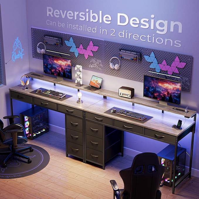 Huuger Gaming Desk with 6 Drawers, Computer Desk with LED Lights Power Outlets and Type-C, 47 Inch Office Desk with Storage, Monitor Stand, Writing Work Desk Home Office, Bedroom, Study, Grey - Image 9