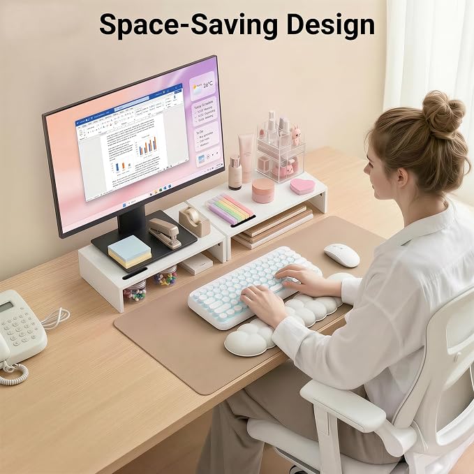BONTEC Monitor Stand Riser with Cellphone Holder & Cable Management | 16.7 Inch Wood Monitor Riser Stand, Desktop Stand for PC/TV/Laptop/Printer, White - Image 8