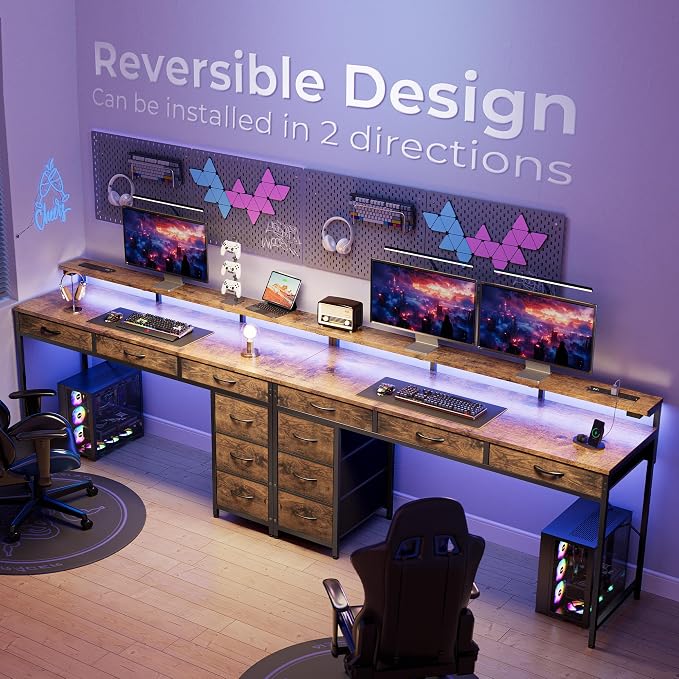 Huuger Gaming Desk with 6 Drawers, Computer Desk with LED Lights Power Outlets and Type-C, 55 Inch Office Desk with Storage, Monitor Stand, Writing Desk for Home Office, Rustic Brown, 1CD102F - Image 9