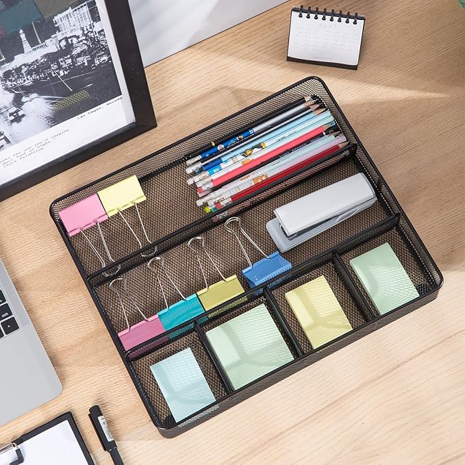 Amazon Basics Metal Mesh Desk Organizer with 6 Compartments, Anti-Slip Pen Holder Storage Tray for Office Supplies and Home, Black - Image 6