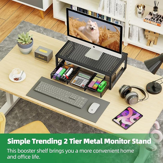 Simple Trending Metal Monitor Stand Riser and Computer Desk Organizer with Drawer for Laptop, Computer, iMac, Black | 16"W x 10"D x 6.25"H. Sturdy Metal Frame. 2-tier + drawer. Holds 66 lbs. Anti-slip. Fits laptop, monitor, iMac. Easy assembly - Image 2