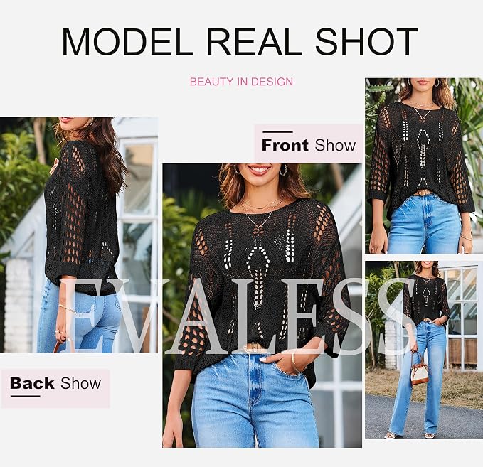EVALESS Womens Crochet Hollow Out Knit Tops Half Sleeve Spring Summer Sweaters Beach Cover Ups for Women Trendy 2026 - Image 6