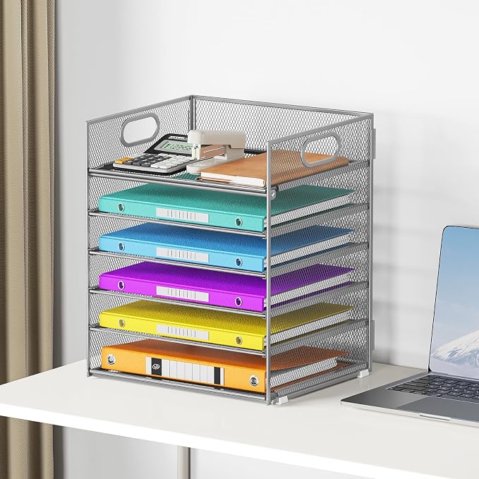 6 Tray Paper Organizer Letter Tray with Handle - Mesh Desk File Folder Holder, Paper Sorter for Office, Home or School - Silver - Image 6