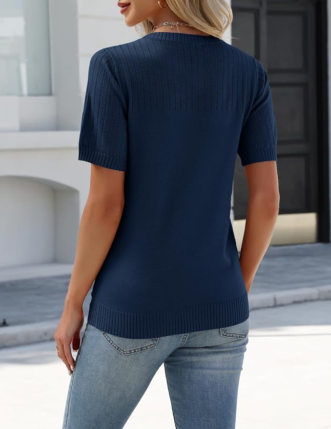 Zeagoo Women's Short Sleeve Sweater Tops 2026 Spring Summer Crew Neck Hollow Out Blouses Dressy Business Casual Outfits - Image 5