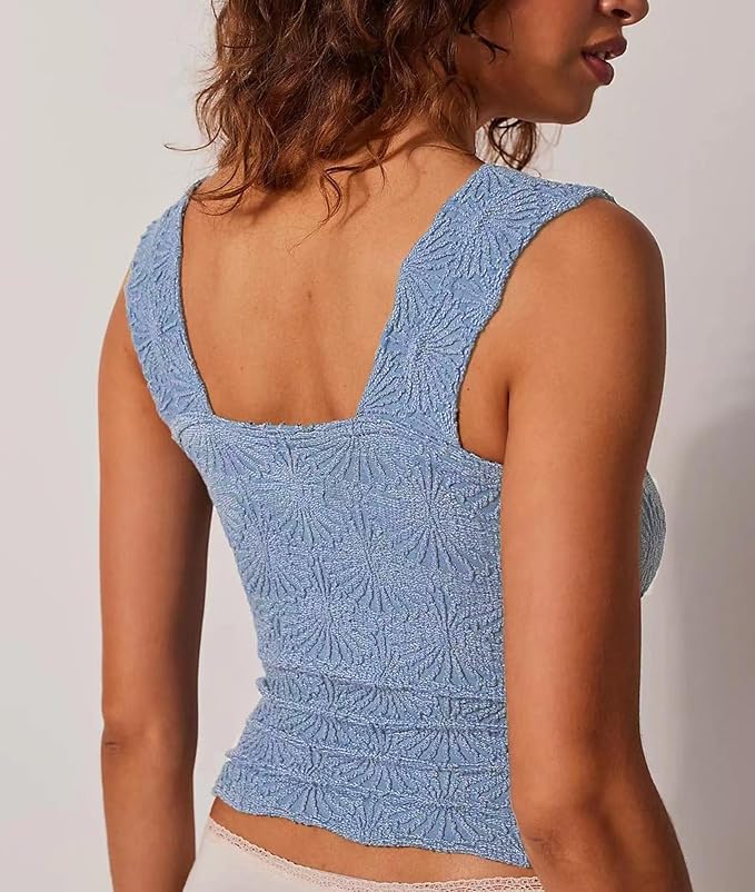 Women's Square Neck Wide Strap Crop Tank Tops Flower Going Out Tops Slim Fit Lettuce Trim Crop Cami Tops - Image 3