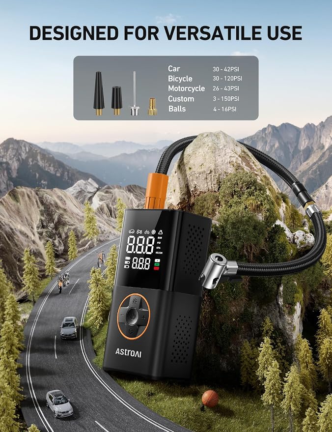 AstroAI L7 Tire Inflator Portable Air Compressor,150 PSI Cordless Mini Air Bike Auto Shut-Off Pump with Digital Display Pressure Gauge, Fast Inflation & LED Light for Car Tires,Motorcycles,Bikes,Balls - Image 10