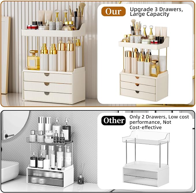 StorBin Arcylic 5-Tier Makeup & Skincare Organizer for Vanity, Bath | Smooth 3 drawers, clear body, gold frame, non-slip, for perfumes, serums, face masks, palettes, vanity & bath counter,white - Image 8