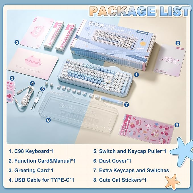 YUNZII C98 Cute Cake Wireless Mechanical Keyboard(Blue, Candy Switch) | 99 Keys with Number Pad, Hot Swap, PBT MOA Keycaps, BT5.0/2.4G/USB-C, Gasket Mount, Custom RGB Backlit for Win/Mac - Image 9