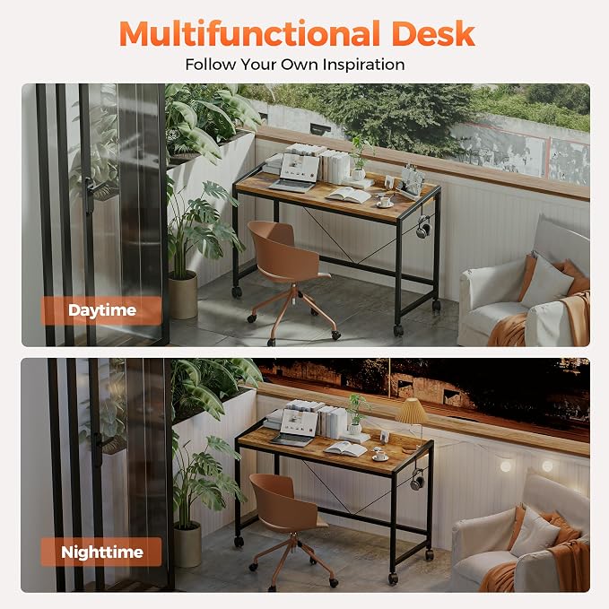 Mericonia 47x20 Inch Small Computer Desk with Wheels & Rear Lip | Simple Rolling Desk, Writing Table for Home Office Bedroom Work Study, Brown - Image 9