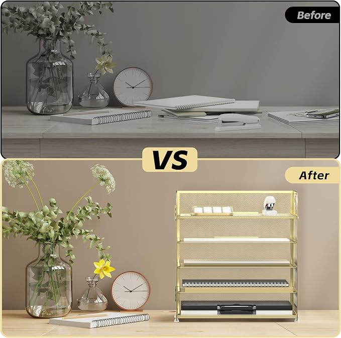 Supeasy 5 Trays Paper Organizer Letter Tray with Handle-Mesh Desk File Organizer, Paper Sorter Desk Organizer for Office, Home or School (Golden) - Image 6