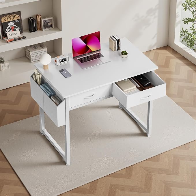 DUMOS 32" Home Office Computer Desk with Drawers, Small Gaming Writing Study Table with Storage Side Bag, Headphone Hook and Adjustable Feet for Bedroom White | Home Office Desk for Bedroom, Gaming Writing Study Desk with Adjustable Feet - Image 9