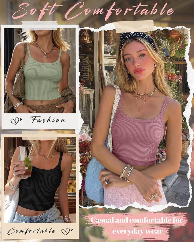 Ficerd 3 Pack Women's Tank Tops 95% Cotton Spaghetti Strap Ribbed Crop Camisole Slim Fitted Basic Summer Sleeveless Layer - Image 5