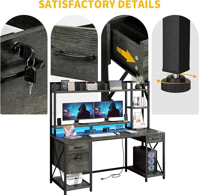 DWVO Computer Desk with Drawers & Hutch, 59.1" Office Desk with Power Outlets & LED Lights, Home Office Desk with Storage Shelves, Grey | Built-In Power Outlets, Led Lights, Hutch Shelves, Storage Drawers, for Home Office Work Study, Easy Assembly - Image 8