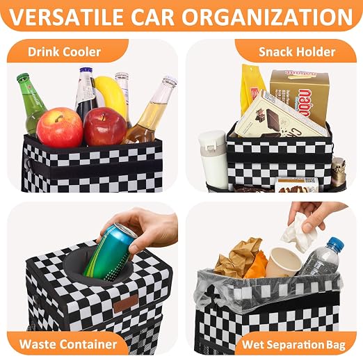 Vankor Car Trash Can Bin with Lid Hanging for Back Seat, Car Accessories for Women Men Leak Proof Automotive Garbage Cans Leakproof Vehicle Trash Can for Truck SUV,Black White Checkered - Image 6