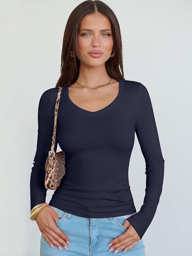 ANRABESS Long Sleeve V Neck Shirts for Women | Soft Comfy Ribbed Knit Fitted Tshirts, Casual Going Out Tops, 2026 Trendy Basic, Fall Winter Underscrub Layering Clothes - Image 8