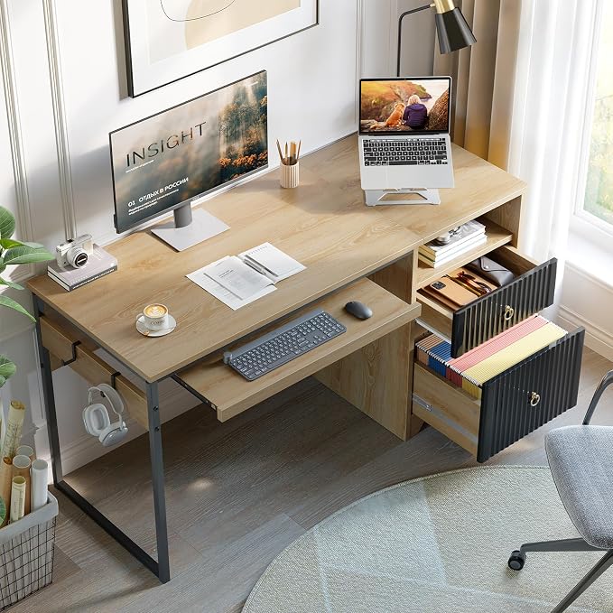 Bestier 55 Inch Office Desk with Fluted Panel & Keyboard Tray, Natural Oak | 55 X 22 In Work Surface, File Drawer, Reversible Pedestal, Fluted Panels And Keyboard Tray For Home Office Storage. - Image 9