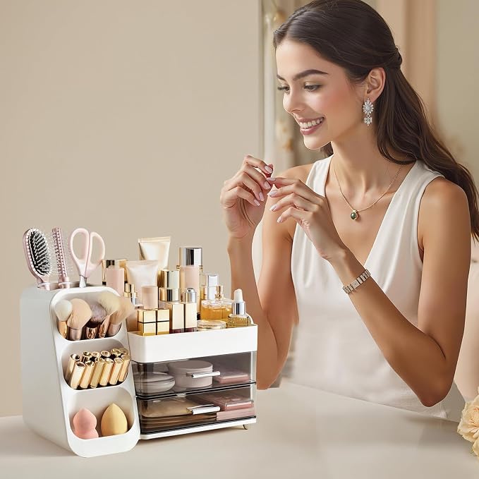 HBlife Makeup Organizer with Brush Holder for Vanity, Large Plastic Bathroom Countertop Organizer Skin Care Storage, Easy to Store Lipsticks, Nail Polishes, Perfumes, Eyeshadow Palettes, White - Image 6