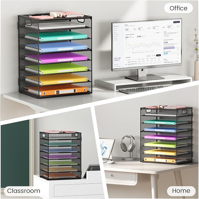 Lavatino 2 Pack 8-Tier Office Desk File Organizer, Letter Tray Paper Organizer with Handle, Including 5 Adjustable Slide Trays for Organizing Desktop Workspace Accessories and Supplies (Black Mesh) - Image 7
