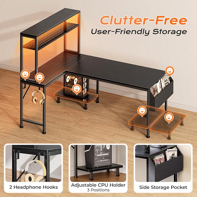 PRAISUN L Shaped Gaming Desk with LED Lights & Power Outlets, Reversible Computer Desk with Storage Shelves & Bag, Large Corner Home Office Desk with Pegboard for Work from Home, Black - Image 9