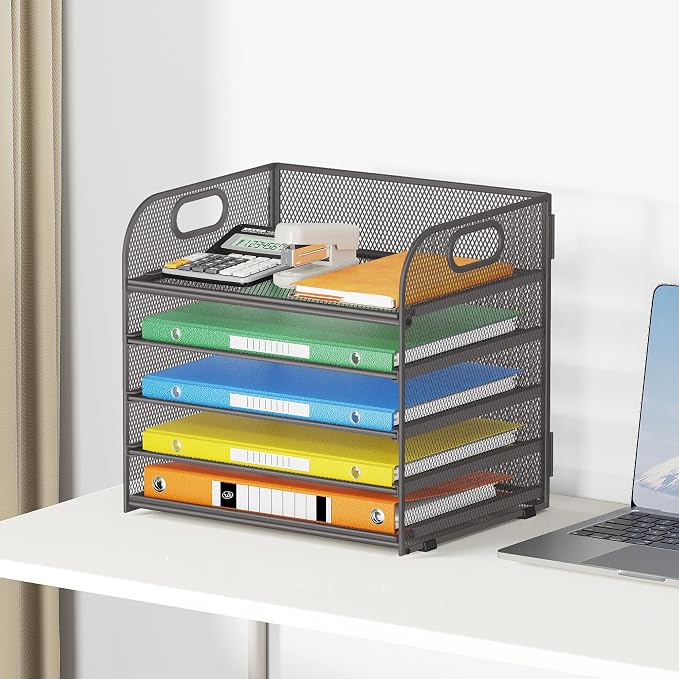 Lavatino 5 Tray Desk File Organizer, Mesh Paper Sorter Letter Tray Organizer with Handle, Desktop File Organizer and Storage for Letter/A4 Office File Folder- Grey - Image 6