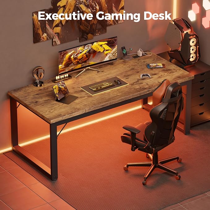Mericonia 63x28 Inch Computer Desk w/Power Outlets, 1.2" Thick Office Table | Modern Simple Style, Heavy Duty Industrial Frame, Large Study & Writing Table for Home Bedroom Work, Brown - Image 9