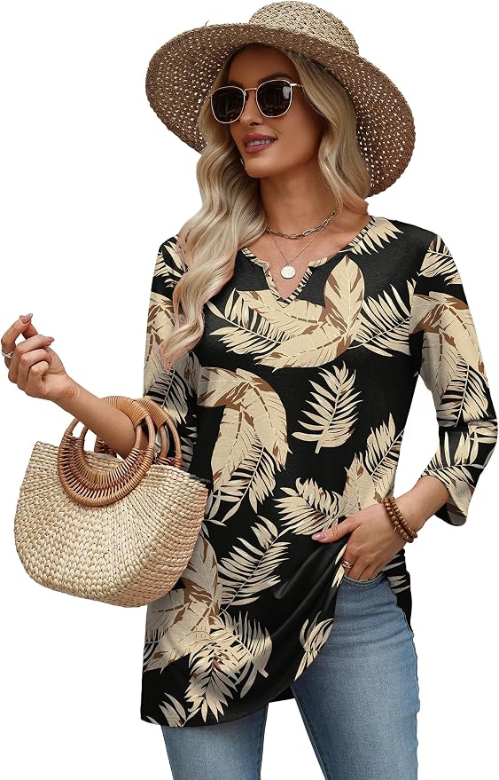 OFEEFAN Summer Boho Tops For Women 3/4 Length Sleeve Womens Tops Vacation Outfits - Image 5