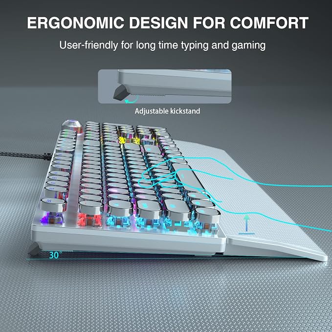 AULA F2088 Typewriter Mechanical Keyboard, White Retro Wired Gaming Keyboard with Blue Switches, Rainbow Backlit, Round Keycaps, Media Knob & Removable Wrist Rest - Image 7