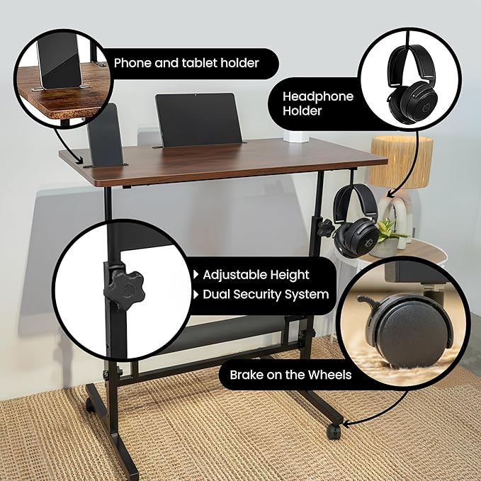 Small Rolling Desk with Wheels, Adjustable Height 27"-43.3" Portable Standing Desk, 31.5"x15.7" Tabletop, Mobile Laptop Computer Table for Home Office Workstation, Rustic Brown - Image 6