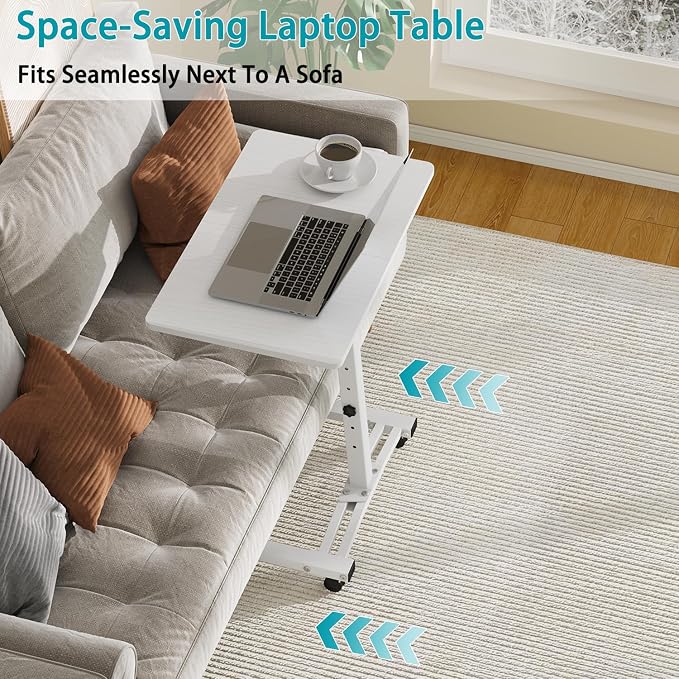 Rolling Adjustable Height Computer Desk With Drawers, Small Mobile Laptop Desk Cart On Wheels For Small Spaces Home Office, Portable Sitting Laptop Table For Bed Couch Load Up To 60LBS, Sturdy, White - Image 9