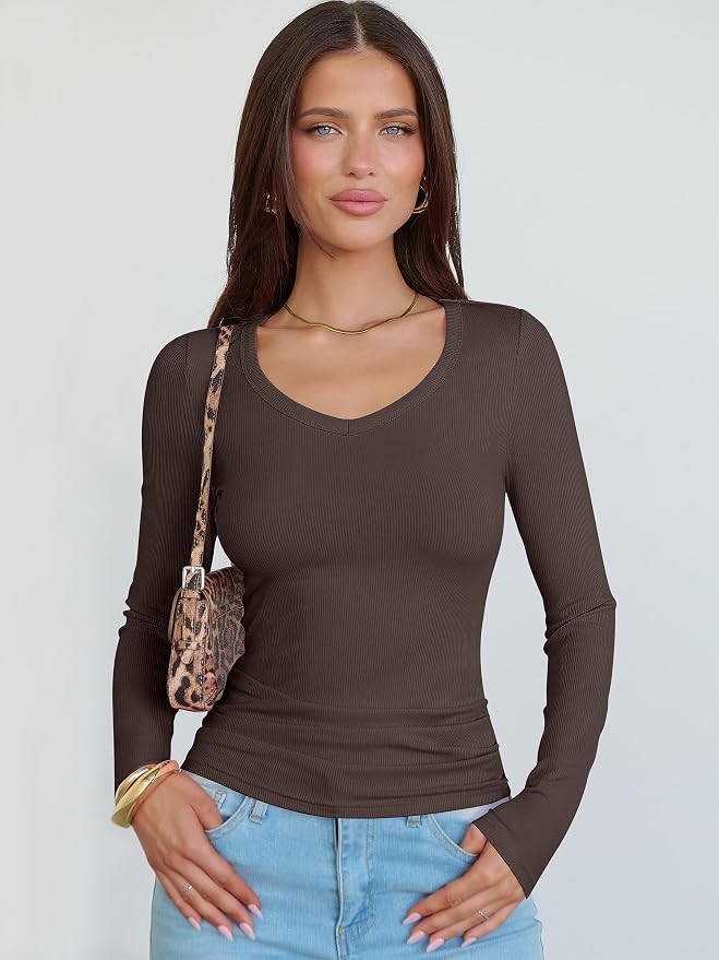 ANRABESS Long Sleeve V Neck Shirts for Women | Soft Comfy Ribbed Knit Fitted Tshirts, Casual Going Out Tops, 2026 Trendy Basic, Fall Winter Underscrub Layering Clothes - Image 8