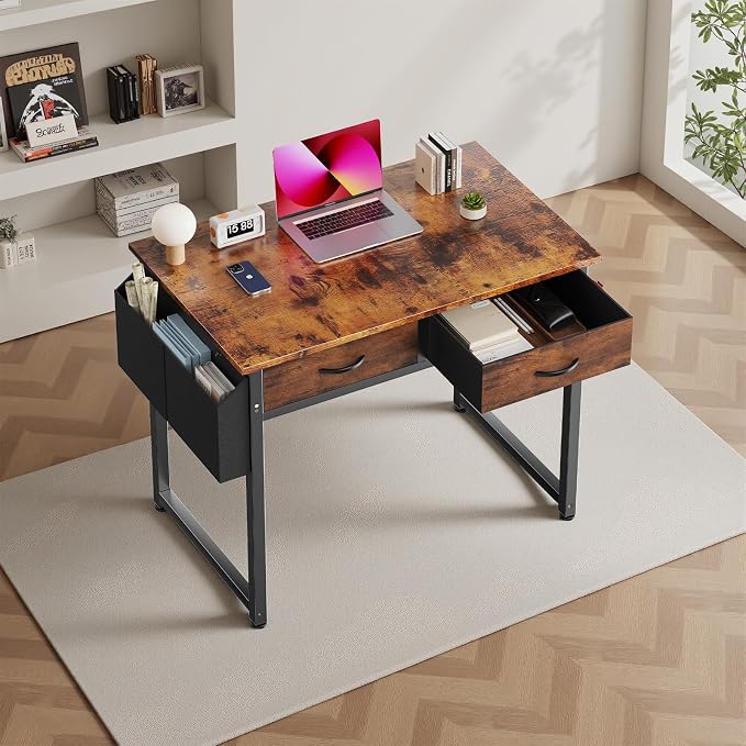 DUMOS 32" Home Office Computer Desk with Drawers, Small Gaming Writing Study Table with Storage Side Bag, Headphone Hook and Adjustable Feet for Bedroom Rustic Brown - Image 9