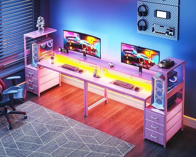 AODK 59 Inch Gaming Desk with USB Charging Ports & LED Light- Reversible Computer Desk with Storage Shelves & Monitor Stand, Modern Gamer Desk Table with Fabric Drawers, Pink - Image 8