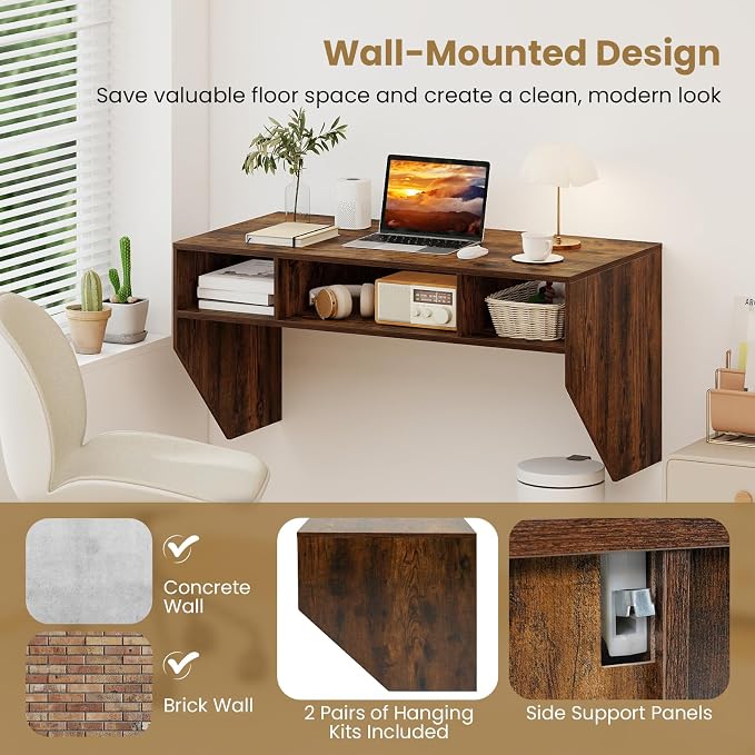 Giantex Wall-Mounted Computer Desk, Floating Laptop Desk with 3 Storage Compartments, Space-Saving Home Office Workstation Vanity Table for Bedroom, Study, Living Room (Rustic Brown) - Image 9