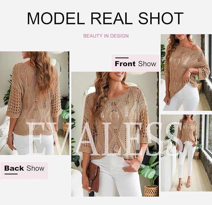 EVALESS Womens Crochet Hollow Out Knit Tops Half Sleeve Spring Summer Sweaters Beach Cover Ups for Women Trendy 2026 - Image 8