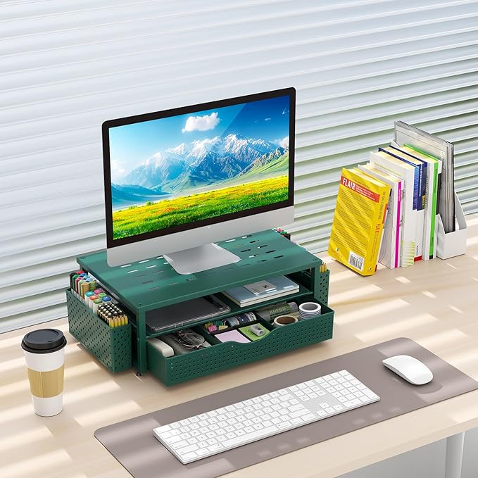 gianotter Desk Organizers and Accessories, Monitor Stand with Drawer and 2 Pen Holder, Desktop Organizer Suitable for Offices and Dormitories (Green) - Image 8