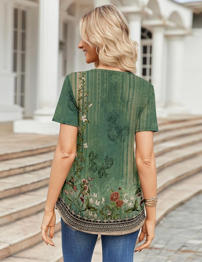Zeagoo Womens Short Sleeve Tops Summer Henley V-Neck Tshirts Casual Pleated Blouse Dressy Loose Floral Basic Tee - Image 6