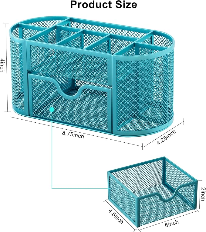 EasyPAG Mesh Pen Holder Desk Organizer with Drawer Stationery Supplies Organizer for Dorm School 9 Compartments Workspace Desk Accessories Organization for Office, Blue - Image 8