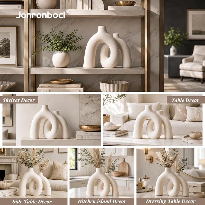 Hug Donut Decorative Vase Set - Modern Nordic Boho Style Vases Home Decor, Matte Ceramic Decorations for Living Room Shelf, Bookshelf Mantle Entryway Table or Console Décor (Cream White) - Image 8