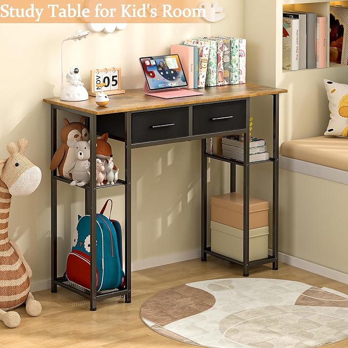 DAOUTIME Computer Desk with Drawers, 37.3 Inch Home Office Work Desk with Storage Shelf, Kids Teens Study Table for Small Space, Small Writing PC Table for Bedroom Makeup Vanity Desk, Brown - Image 8