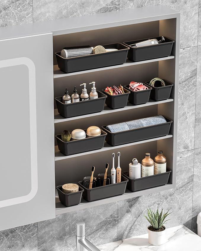 Canfanni 13 Pack Plastic Drawer Organizers Set, 3 Sizes Desk Drawer Organizer Trays for Vanity and Makeup Organizer, Organization and Storage for Makeup, Kitchen Utensils, Bathroom and Office(Black) - Image 7