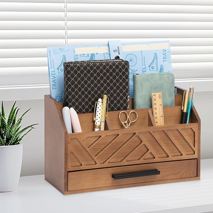 dreampossible Brown Wood Desk Organizer and Accessories with Drawer, Bill Mail Organizer and File Mail Holder for Office Supplies, Modern Desk Accessories & Workspace Organizers for Desk Organization - Image 7