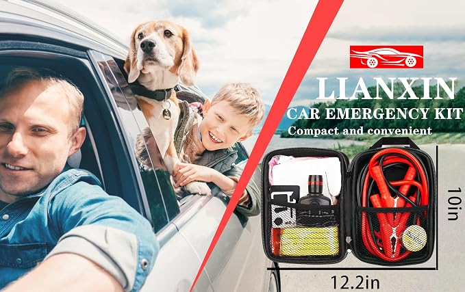 Car Roadside Emergency Kit with Jumper Cables Headlamp Car Safety Kits | Emergency Car Kit Tow Straps, Multi-function Blades, Gloves, Multi-tool Kit, Breakdowns Gifts for New Drivers and Teenagers - Image 7