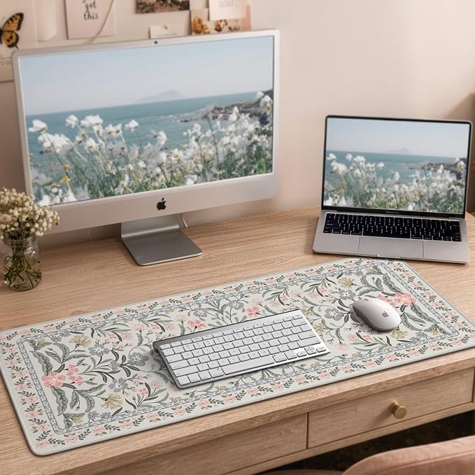 iCasso Aesthetic Desk Mat,31.5x11.8in Mouse Pads, Gray Floral | Anti-Slip Mousepad with Stitched Edges, Waterproof Computer Pad, Desk Accessories Office Decor for Women - Image 8