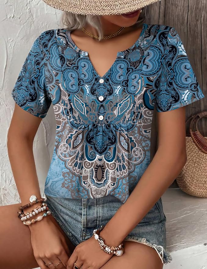 Zeagoo Womens Short Sleeve Tops Summer Henley V-Neck Tshirts Casual Pleated Blouse Dressy Loose Floral Basic Tee - Image 4
